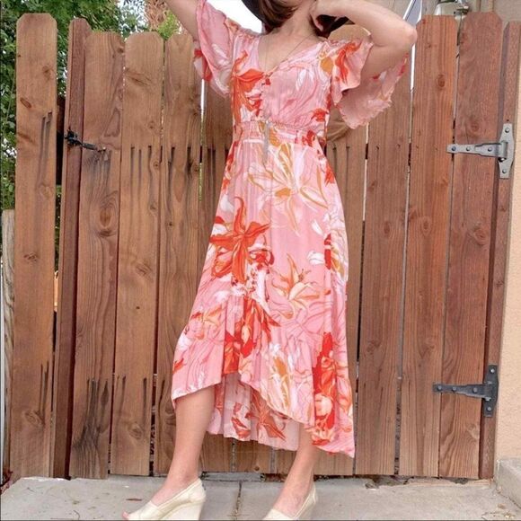 Abel The Label Maxi Dress Floral Tropical Pattern Hi-Lo‎ Ruffled Hem Pink Medium - Picture 7 of 7